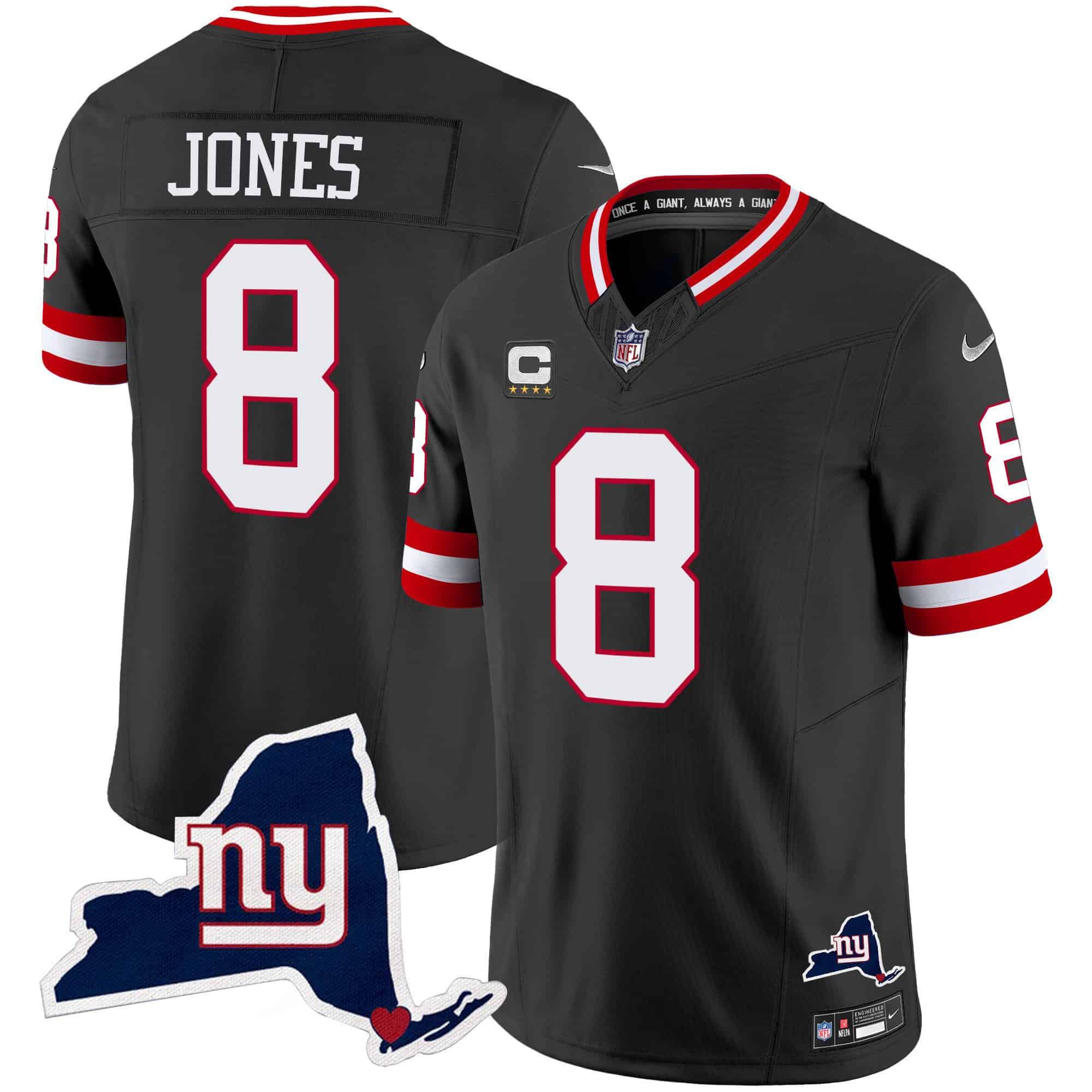 Men New York Giants #8 Jones Black 2024 Nike Map Patch Limited NFL Jersey style 1